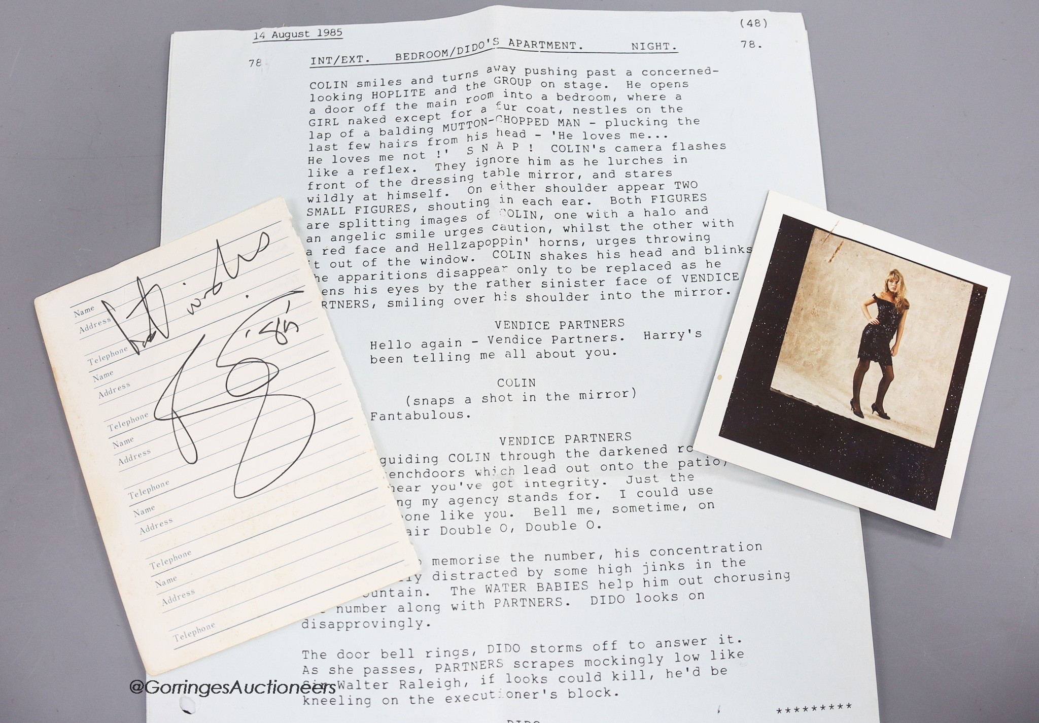 A David Bowie autograph on lined address book paper, dated 1985, along with a polaroid of Patsy Kensit and a section of the printed script for the movie Absolute Beginners., Provenance: The vendor's brother was an appren